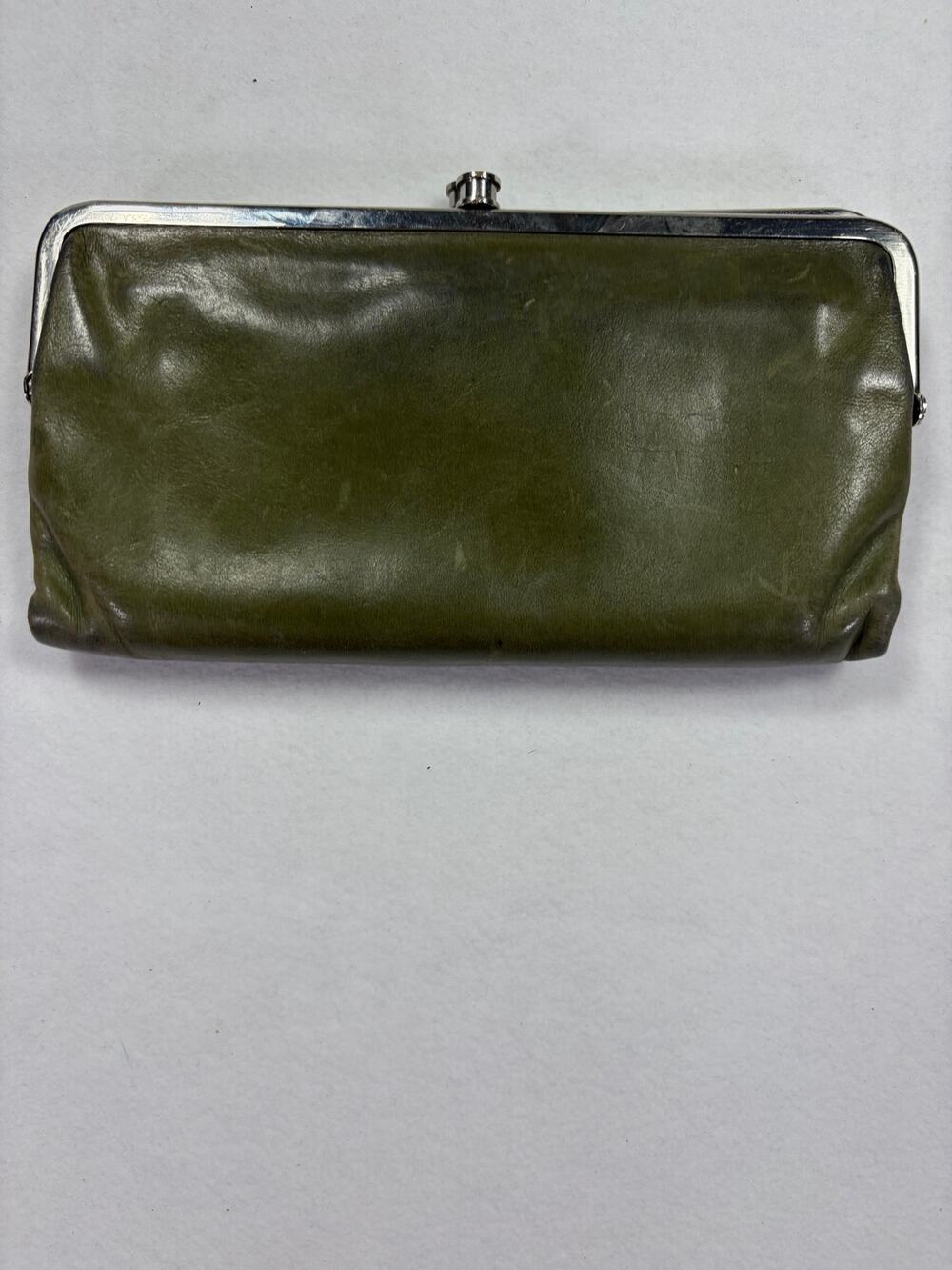 HOBO International Olive Green Leather Frame Wallet Kiss Lock Clutch Organizer